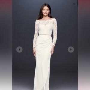 David’s Bridal DB Studio Off-the-Shoulder Long Sleeve Lace Draped Gown